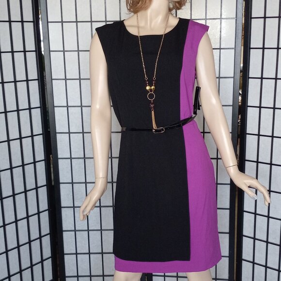 AB Studio Dresses & Skirts - NWT AB Studio Faux Wrap Belted Colorblock Sheath Dress Sz 12 Purple & Black